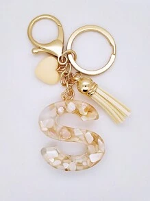 1pc Women's Beige Resin Keychain With Droplet Letter, Heart & Tassel Design, Creative Keyring Bag Charm, Gift For Friends Valentine's Day Valentines Car Accessories Backpack For School Cute Goth Y2k