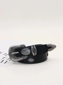 Plus Size Soft PU Leather Belt With Vintage Carved Buckle, Solid Color Waist Belt For Jeans, Women & Men Halloween Summer, School Fall, Autumn, Halloween