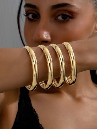 4pcs/Set Fashionable Plain Circle Bangle Bracelets For Women, Casual Gift