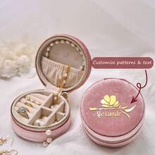 Personalized Mini Round Jewelry Box With Custom Name, High Quality Italian Velvet Travel Jewelry Box, Perfect Holiday Gift, Earrings, Necklace, Bracelet, Ring Box, Exquisite Memory Gift For Mom On Mother's Day