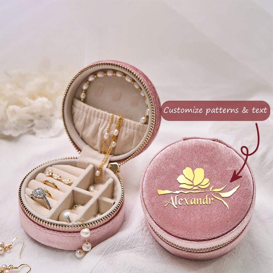 Personalized Mini Round Jewelry Box With Custom Name, High Quality Italian Velvet Travel Jewelry Box, Perfect Holiday Gift, Earrings, Necklace, Bracelet, Ring Box, Exquisite Memory Gift For Mom On Mother's Day