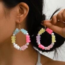 2pcs Lovely Candy-Colored Circular Bear Earrings Suitable For Women's Daily Wear