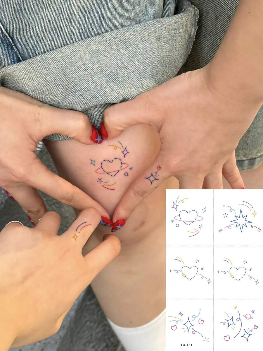 1pc Washable Temporary Tattoo Sticker With Shiny Stars And Hearts Pattern, Suitable For People - Multicolor - View 1
