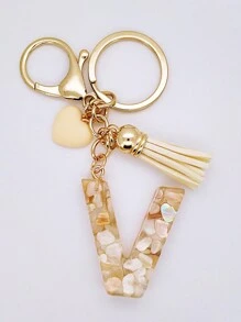 1pc Women's Beige Resin Keychain With Droplet Letter, Heart & Tassel Design, Creative Keyring Bag Charm, Gift For Friends Valentine's Day Valentines Car Accessories Backpack For School Cute Goth Y2k