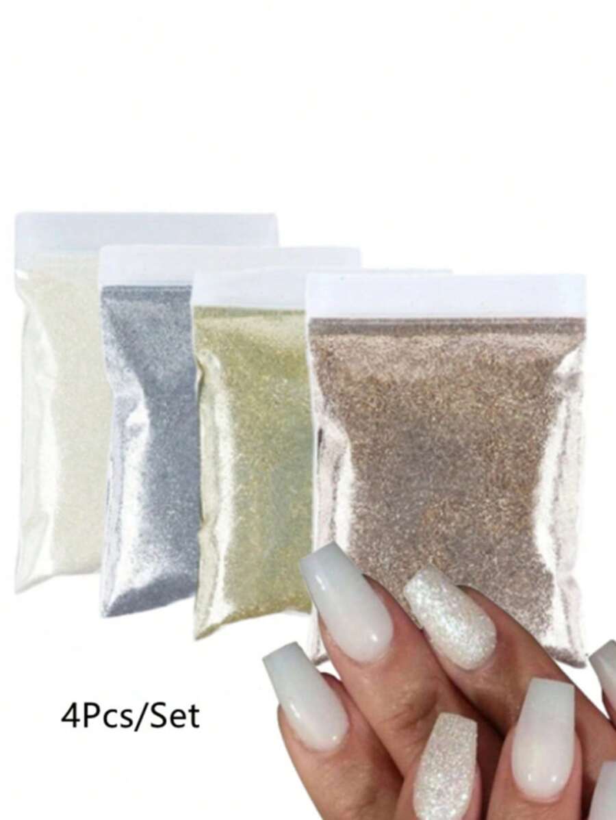 4bag/Set Sparkling Gold Silver Glitter Powder Nail Decoration Chrome Pigment 0.2mm Loose Sequins Nails Art Accessories