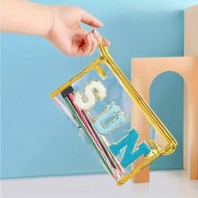 1pc Transparent Zipper Letter Pencil Case, Multifunctional PVC Travel Pouch, Clear Toiletry Makeup Bag, Water-Resistant Storage Bag