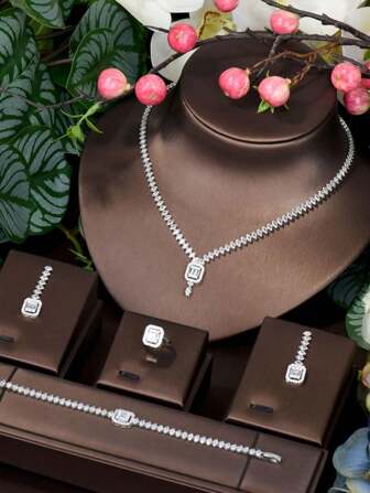 1套宮廷風格方形立方氧化鋯飾物套裝，適用於女士婚紗穿著