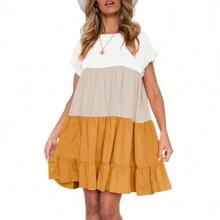 Women Summer Casual Ruffles Dress Color Block Short Sleeve Babydoll Loose Swing Flowy T-Shirt Dress - Yellow - View 3