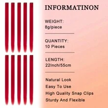 10 PCS Red Hair Extensions Clip In, Party Highlights Colorful Extension For Kids Girls Synthetic Hairpiece Straight 22 Inch - Red - View 3