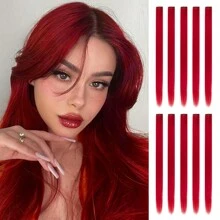 10 PCS Red Hair Extensions Clip In, Party Highlights Colorful Extension For Kids Girls Synthetic Hairpiece Straight 22 Inch - Red - View 2