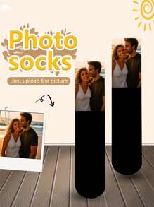 1 Pair Personalized Customized Photo Face Print Women's Funny Mid-Calf Socks, Interesting Couple Long Socks With Customized Images, Great Gift Idea For Valentine's Day, Birthdays And Other Occasions