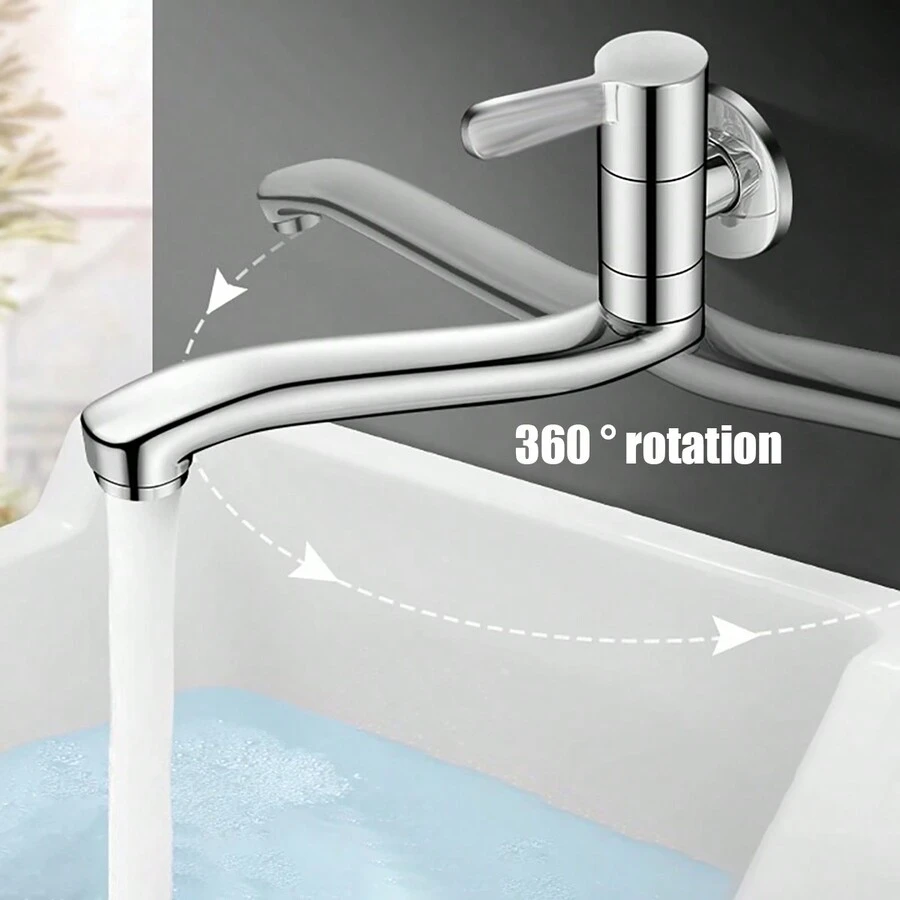 Wall Mounted Single Cold Faucet, 360 Degree Rotatable, Stainless Steel Wall Hanging Sink Tap With Ball Valve For Laundry Room And Bathtub, Modern Installation Hardware, Silver - Silver - View 1