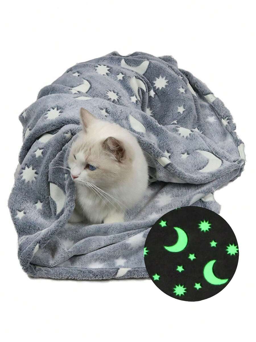 Glow In The Dark Moon Throw Blanket For Pets Dogs And Cats, Luminous Blanket For Pets, Cozy Soft Fluffy Flannel Fleece Nap Sleep Blankets Pet Blanket For All Seasons Suitable For Small/Medium/Large Dogs As Well As Cats - Grey - View 1
