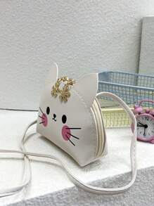 1 pieza Bolso de bandolera mini con diseño de gato lindo de dibujos animados para niñas jóvenes, hecho con cremallera, adecuado para uso diario