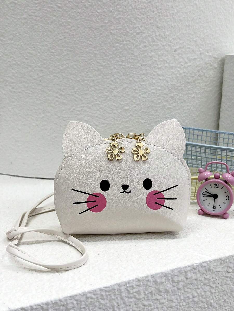1 pieza Bolso de bandolera mini con diseño de gato lindo de dibujos animados para niñas jóvenes, hecho con cremallera, adecuado para uso diario