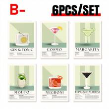 6入組經典酒車裝飾,包含描述酒精成分的海報、時尚的雞尾酒海報、丹麥粉彩色酒精飲料畫布壁畫、色彩繽紛的時髦牆壁裝飾畫,適用於酒吧派對、大學宿舍公寓,不含相框 - 彩色 - 查看 7