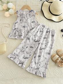 Conjunto de 2 piezas para chica joven con estilo chino, con top de tanque sin mangas con volantes y salpicaduras de tinta + pantalones de pierna ancha para verano