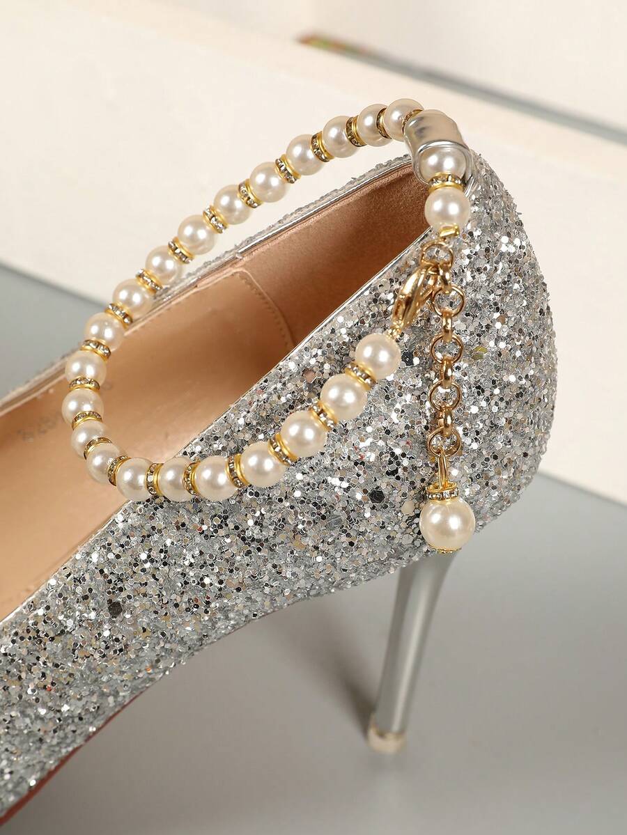 珍珠鏈鞋帶捆綁，防止高跟鞋滑脫，無需安裝的鞋類配件 - 白色 - 查看 1