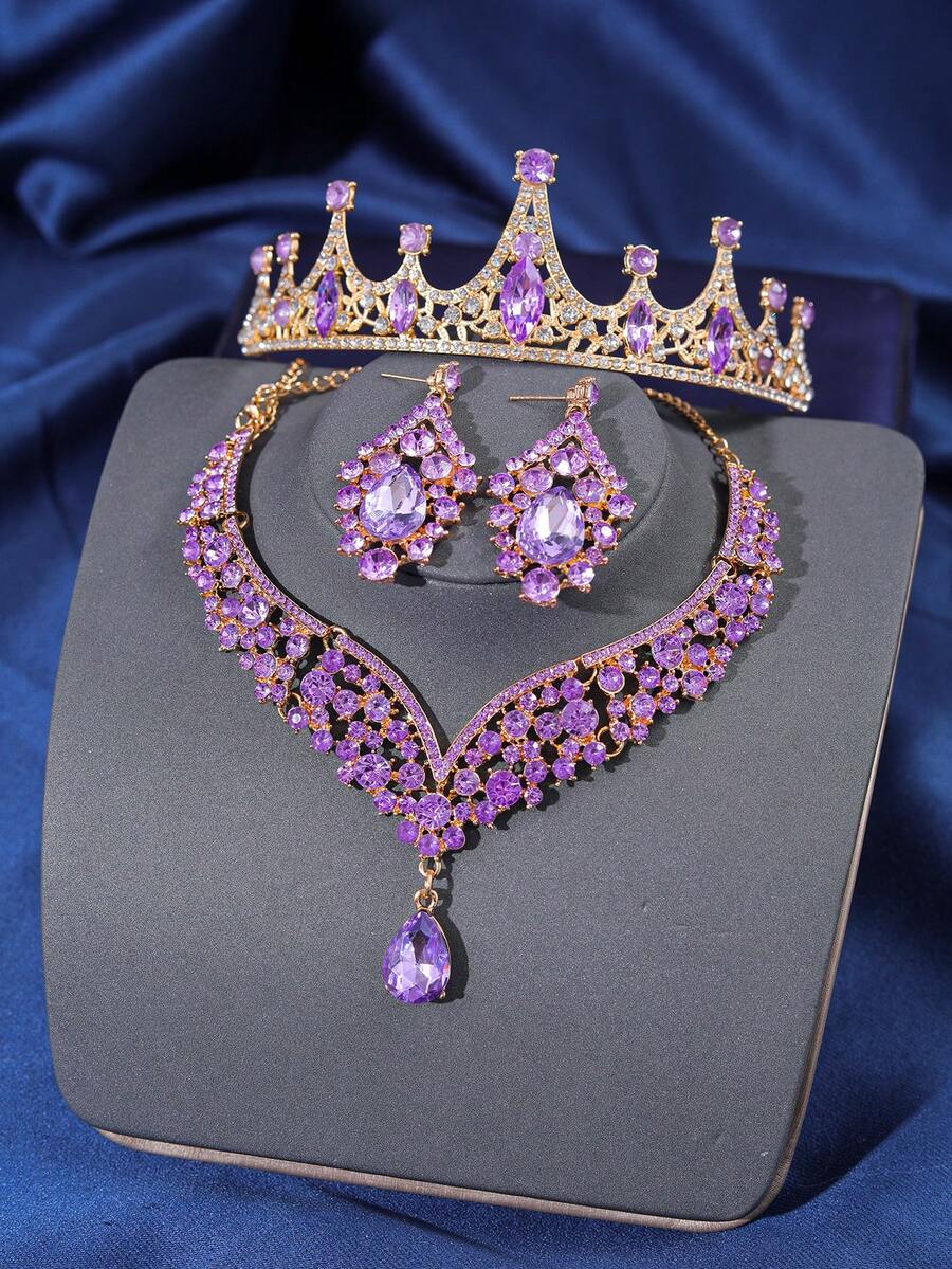 Bộ 4 chiếc vương miện nữ hoàng đính đá Rhinestone Vòng cổ Mũ đội đầu Lãng mạn Thanh lịch Phụ kiện mũ cô dâu cho sự kiện tiệc tùng - Màu tím - Xem 1
