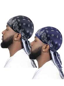 1pc Men's Turban Hat Printed Wigs Durag Biker Headwrap Pirate Hats Cap For Men Hair Accessories Long Tail Straps Bandanas Pirate Hat Pirate Costume - Pirate Hat - View 4