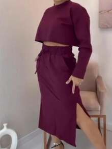 Women Two-Piece Outfits - 酒紅色 - 查看 2