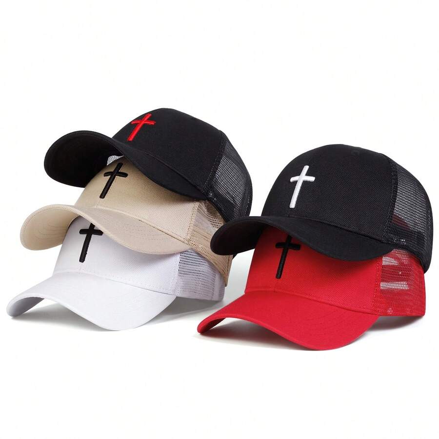 1 pieza Gorra de malla con patrón de cruz de Jesús para hombres, gorra de béisbol para actividades al aire libre, protección solar y ocio, adecuada para viajes de primavera y otoño, fiestas en la playa, Halloween - Multicolor - Ver 1