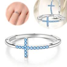 925 Sterling Silver Blue Zirconia Ocean Blue Cross Ring, Including Gift Box, 1pc, For Women's Romantic, Fashionable, Simple, Elegant, Everyday, Gifting, Versatile, Party - Sea Blue Ring - View 1