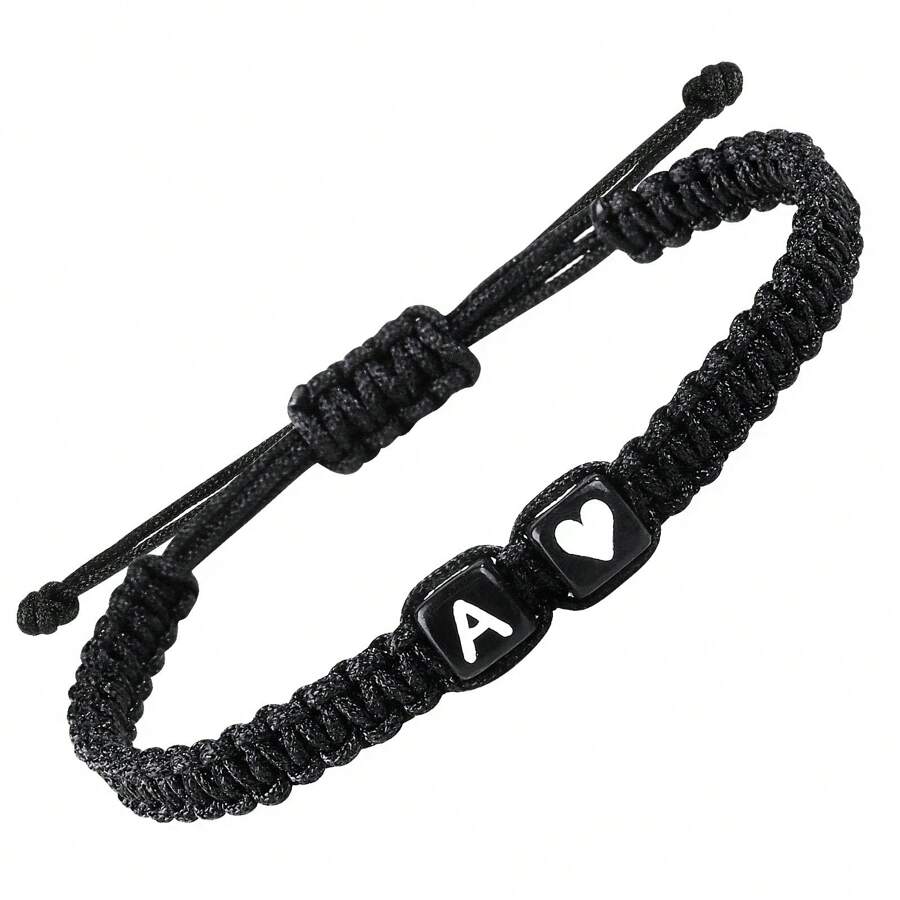 1 pieza Pulsera trenzada negra con cuerda de nudo plano y cuentas con forma de corazón de acrílico, para San Valentín - Pulsera - Ver 1
