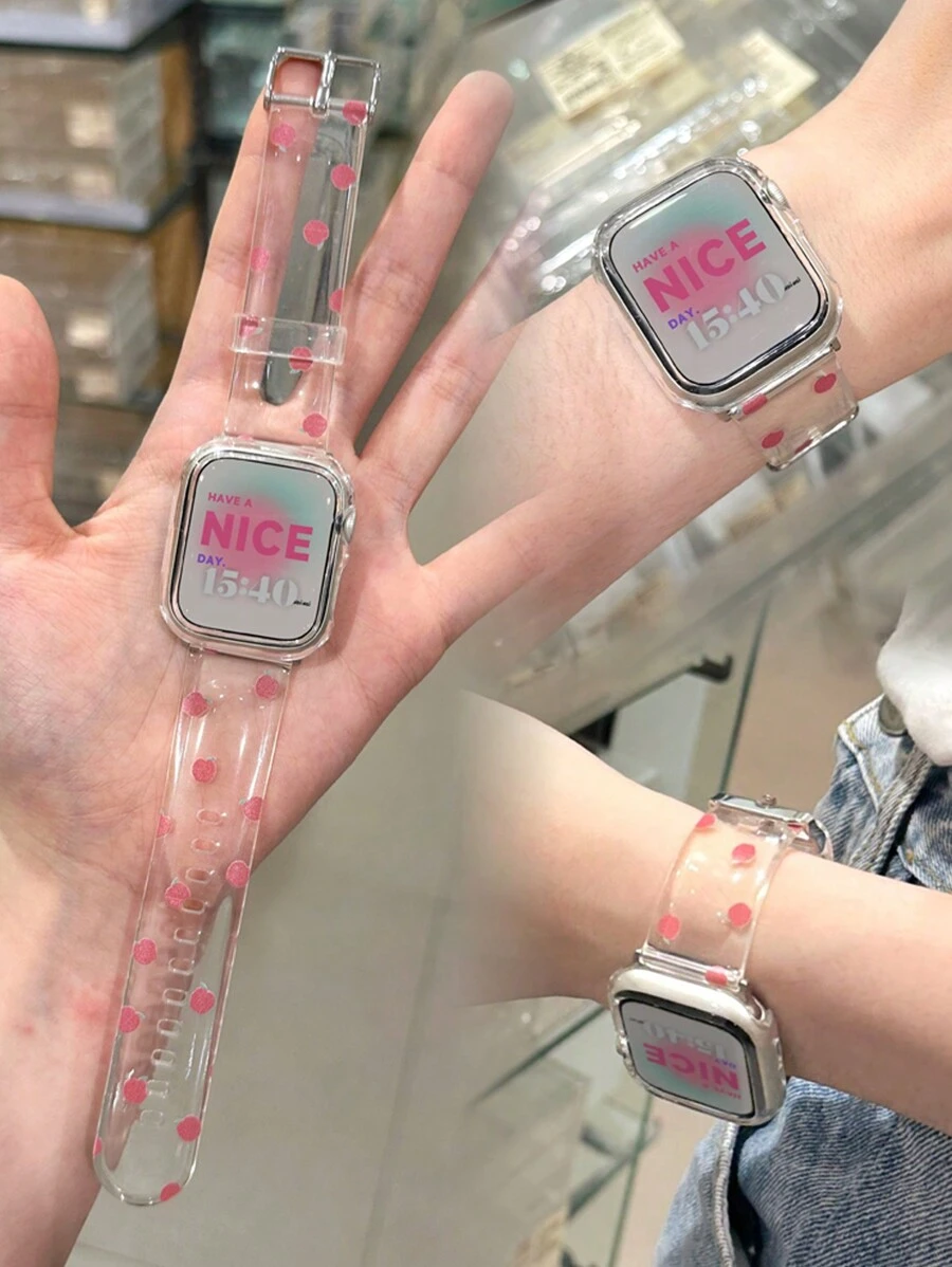 1 Stück einfache und TPU transparente bedruckte Uhrarmband in Rosa, kompatibel mit Bändern Ultra/SE/8/7/6/5/4/3/2/1, geeignet für Größen 38/40/41/42/44/45/49 mm, Sommer Frische Neue Stil Mit Apple Muster Süße Dekoration Ins Transparente Armband Iwatch8/9 Silikon Uhrarmband - Transparent - Übersicht 1