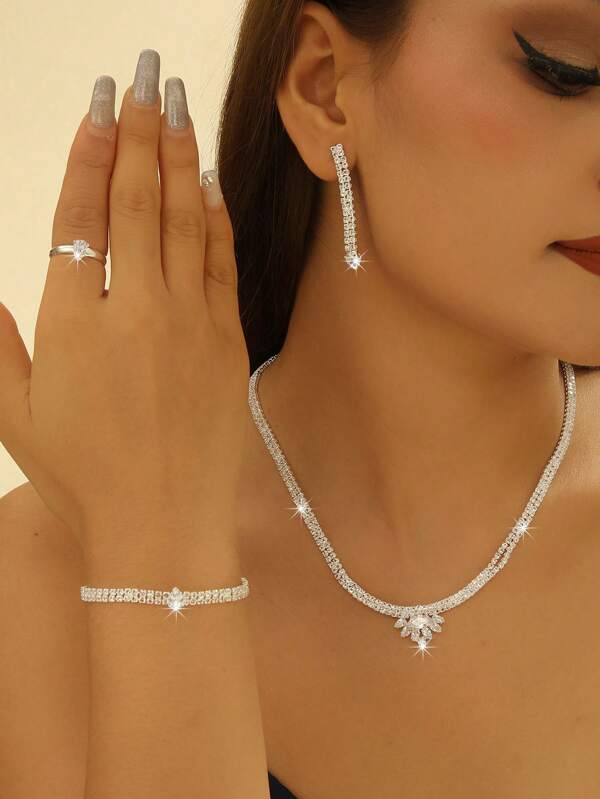 Juego de 5 piezas de joyería de plata con circonita cúbica, de estilo europeo, americano y del Medio Oriente, accesorios de fotografía de boda para mujer, joyería nupcial, accesorios de vestido de noche