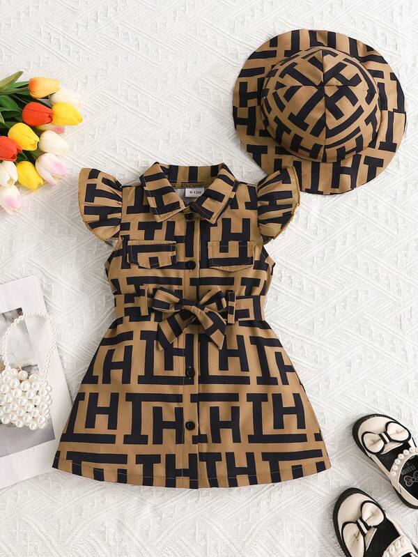 Set 2 buc. rochie și pălărie cu imprimeu patchwork pentru fete, la modă, de vară