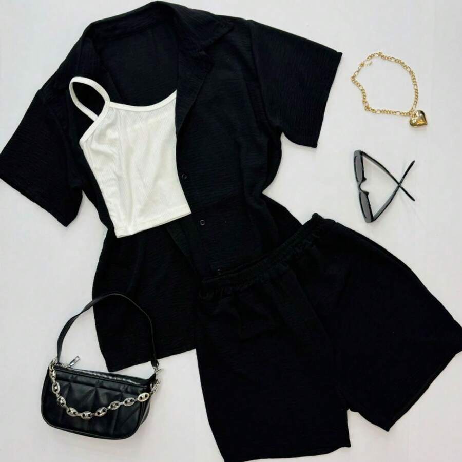 Set de 3 piezas camisa, short y top - Blanco y Negro - Ver 1