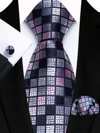 Men's Business Striped Waistcoat, Tie, Pocket Square & Cufflinks Set, 3pcs Men's Tie Accessories Casual