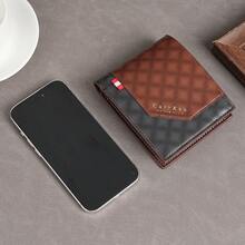 CarrKen 1入男式復古色塊短款錢包，雙折多功能卡片套，男士禮物 - 棕色 - 查看 9