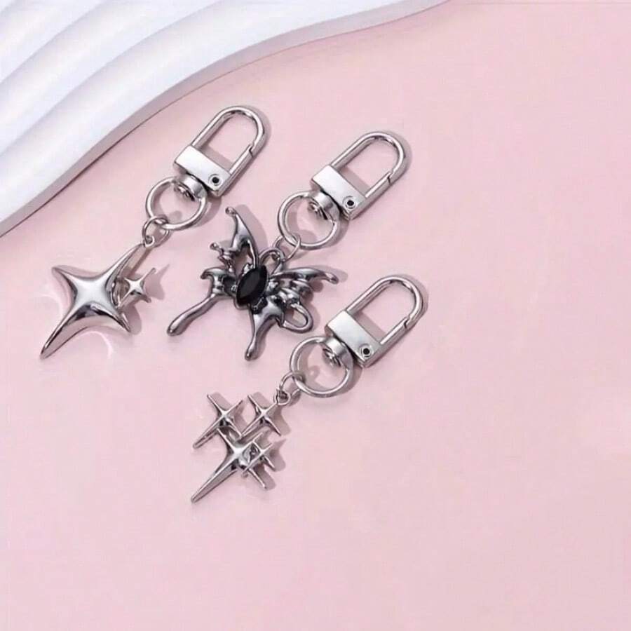 1入組中性蝴蝶四角星形合金鑰匙扣，附鑽石，給甜美酷 Y2K 風格禮袋 /手機殼裝飾吊墜作為禮物
