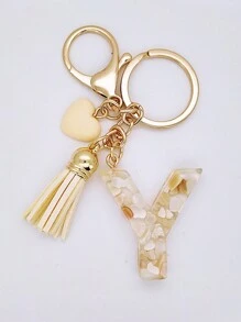1pc Women's Beige Resin Keychain With Droplet Letter, Heart & Tassel Design, Creative Keyring Bag Charm, Gift For Friends Valentine's Day Valentines Car Accessories Backpack For School Cute Goth Y2k