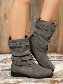 Botas mate retro para mujer a media pantorrilla de tipo caballero, clásicas con correa de hebilla y suela plana - Gris - Ver 5