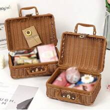 藤编收纳盒 PP仿藤纯手工复古手提包收纳物品收纳盒野餐篮，适合返校使用 - 棕色 - 查看 3