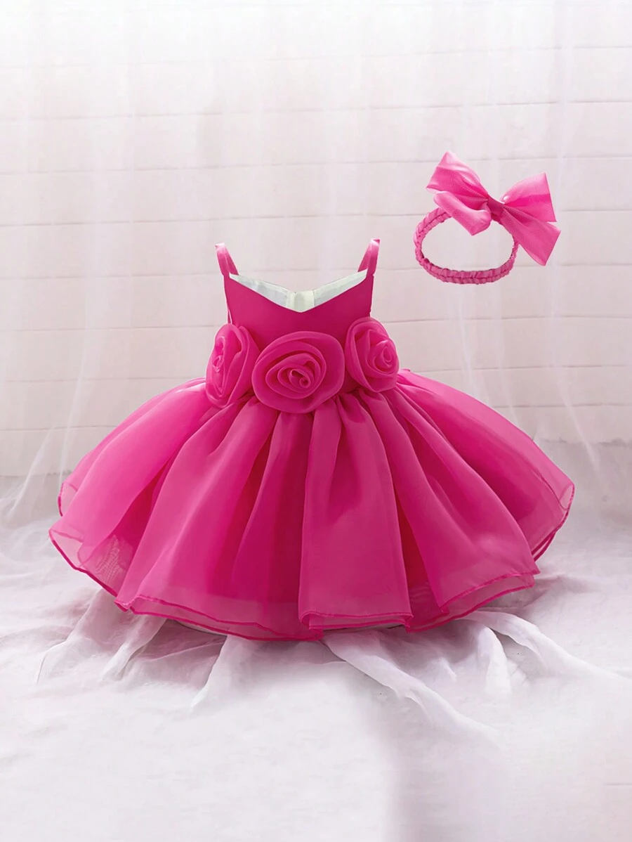 Vestido de fiesta de organza con flores para niñas bebés, con tirantes, incluye diadema como set de regalo - Rosa Fucsia - Ver 1