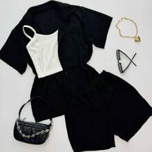 Set de 3 piezas camisa, short y top - Blanco y Negro - Ver 2