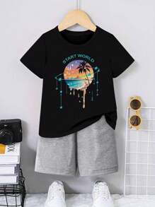 Young Boy Dreamy Beach Planet Printed Short Sleeve Top And Comfortable Casual Shorts Outfit Set - Black - View 1