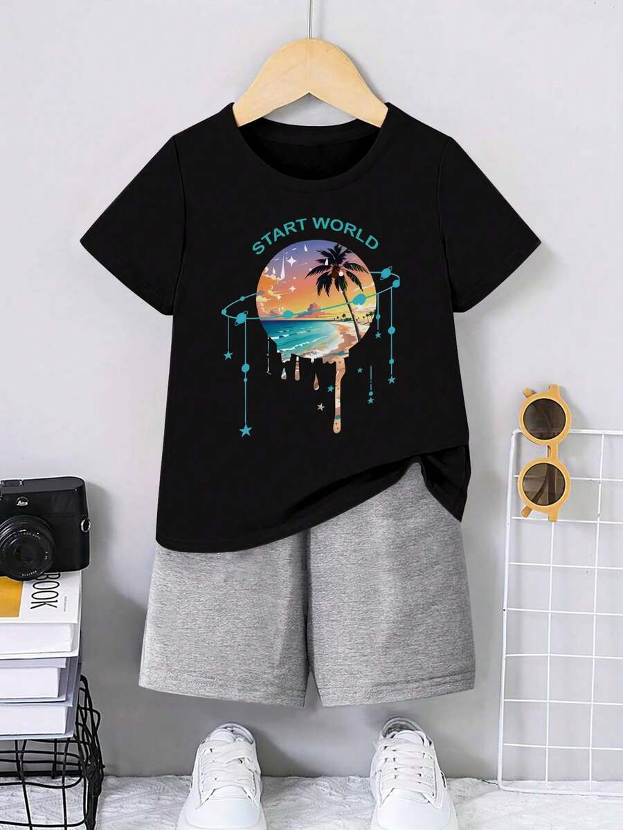 Young Boy Dreamy Beach Planet Printed Short Sleeve Top And Comfortable Casual Shorts Outfit Set - Black - View 1