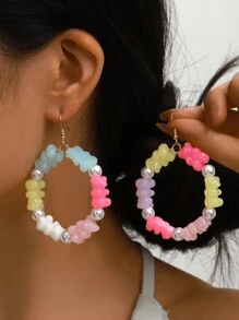 2pcs Lovely Candy-Colored Circular Bear Earrings Suitable For Women's Daily Wear