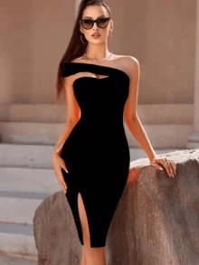 Tight Dress For Fashionable Asymmetrical Parties - Black - View 3