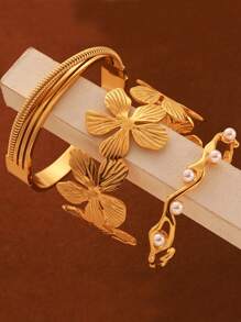 1 件 18K 镀金不锈钢奢华花朵串珠手链情人节 - 金黃色 - 查看 4