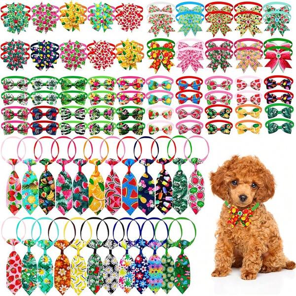 10pcs Assorted Adjustable Hawaiian Floral Pattern Dog Collar With Bow Tie Sets, Suitable For Small & Medium Dogs