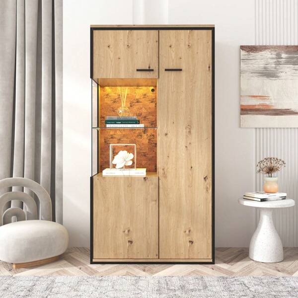 KOMHTOM Standvitrine (mit LED-Beleuchtung, 3 Türen und Glasablage) Vitrinenschrank mit vertstellbaren Einlegeböden, 78x40x150cm