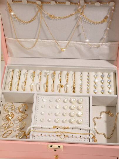 83-24 件时尚精致复古心形人造珍珠和方晶锆石闪亮波浪链水钻镂空戒指项链耳环手链耳钉套装，多种元素珠宝系列，适合节日、派对、约会、日常、礼物（无盒）情人节、妈妈、母亲、母亲节、礼物