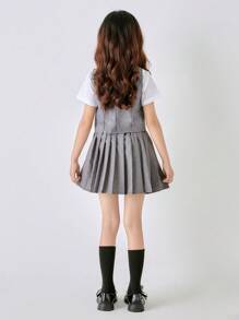 Conjunto de uniforme escolar de 3 piezas para niña joven con chaleco, camisa de manga corta y falda con corbata, estilo de verano - Gris - Ver 5