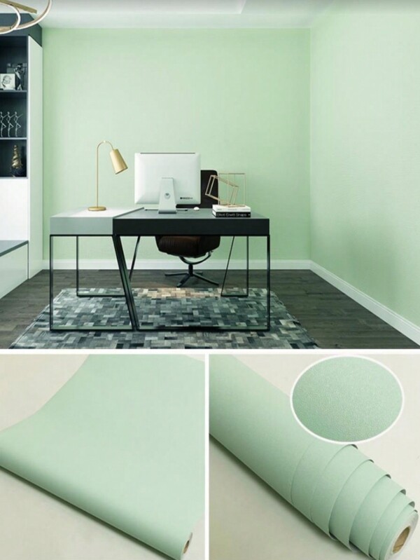 1 Roll Light Green Matte Self Adhesive Removable Wallpaper With Ethylene-based Adhesive, Waterproof Solid Color Green Wall Paper For Kitchen Cabinet Countertop